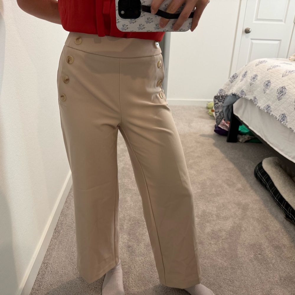 High-Waist Wide Leg Button-Accent stretchy work Pants XS